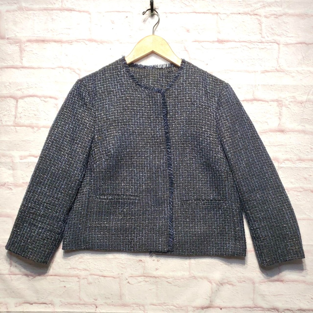Banana Republic Petite 10P Navy Blue Gold Tweed Boucle Jacket‎ Fringe Metallic